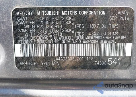 2020 Mitsubishi Outlander Le 2.4/Se 2.4/Sel 2.4/Sp 2.4 z USA, uszkodzony, nr VIN JA4AD3A33LZ011118